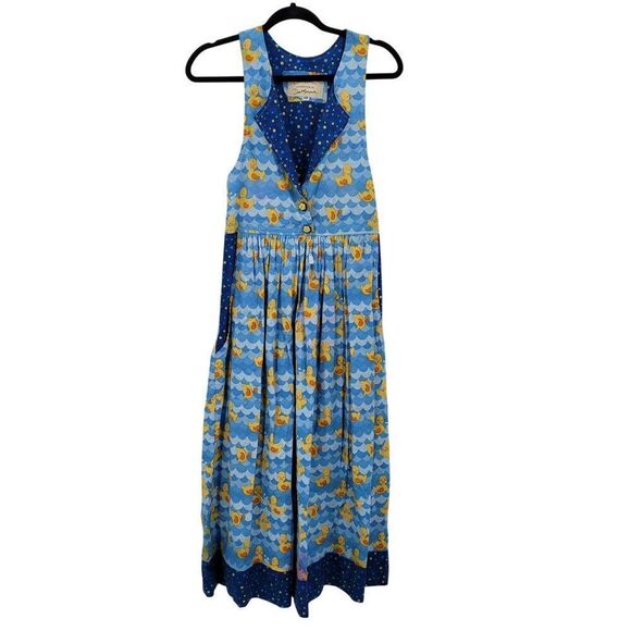 Handmade Whimsical Rubber Duck Maxi Apron Dress Tie Waist Sz XS Blue Pockets Fun - Picture 4 of 13